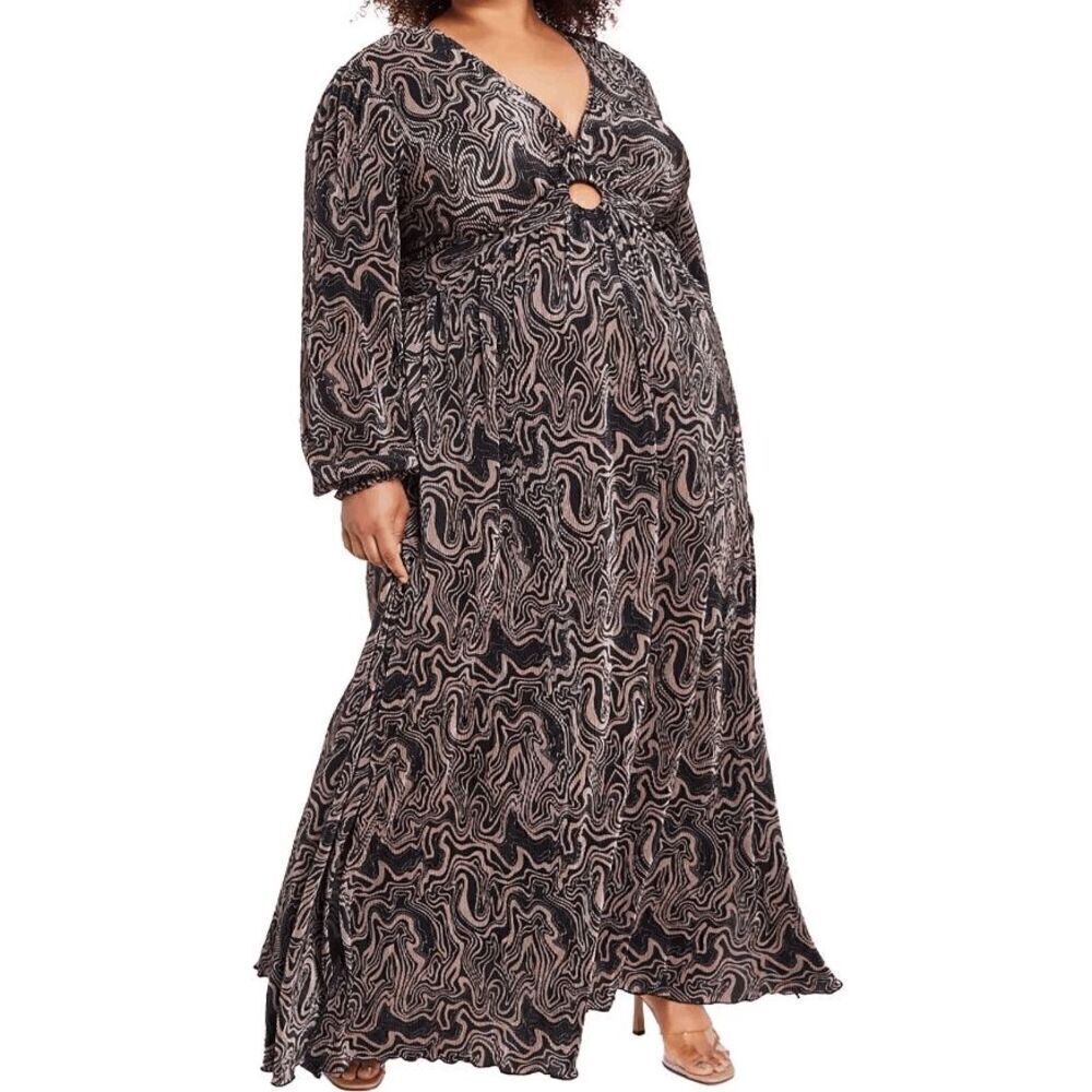 Nina Parker Women's Plus Size Printed Keyhole Pleated Maxi Dress 2X